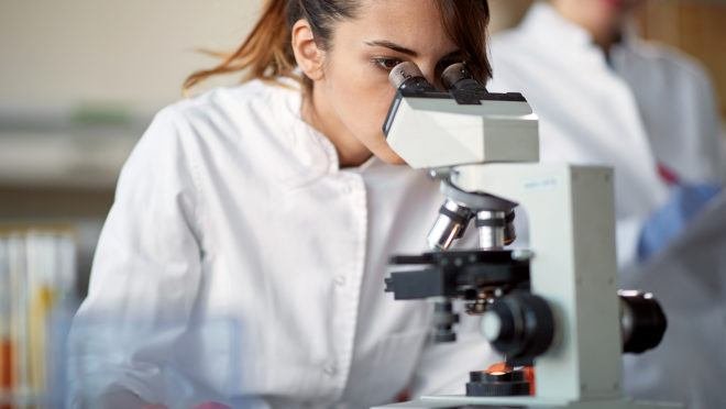 Pesquisadora científica analisando resultados em microscópio